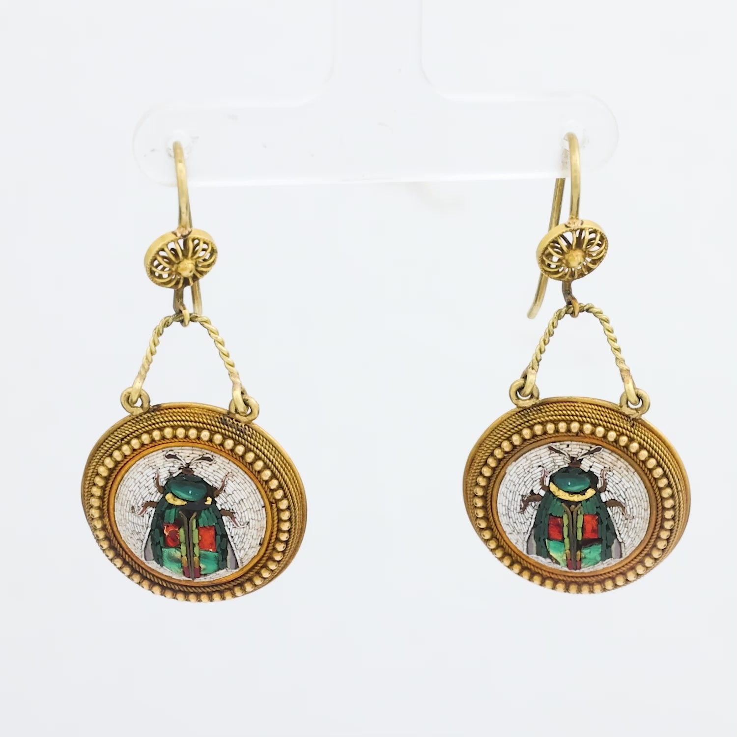 Victorian 18k Italian Micro Mosaic Fly Earrings