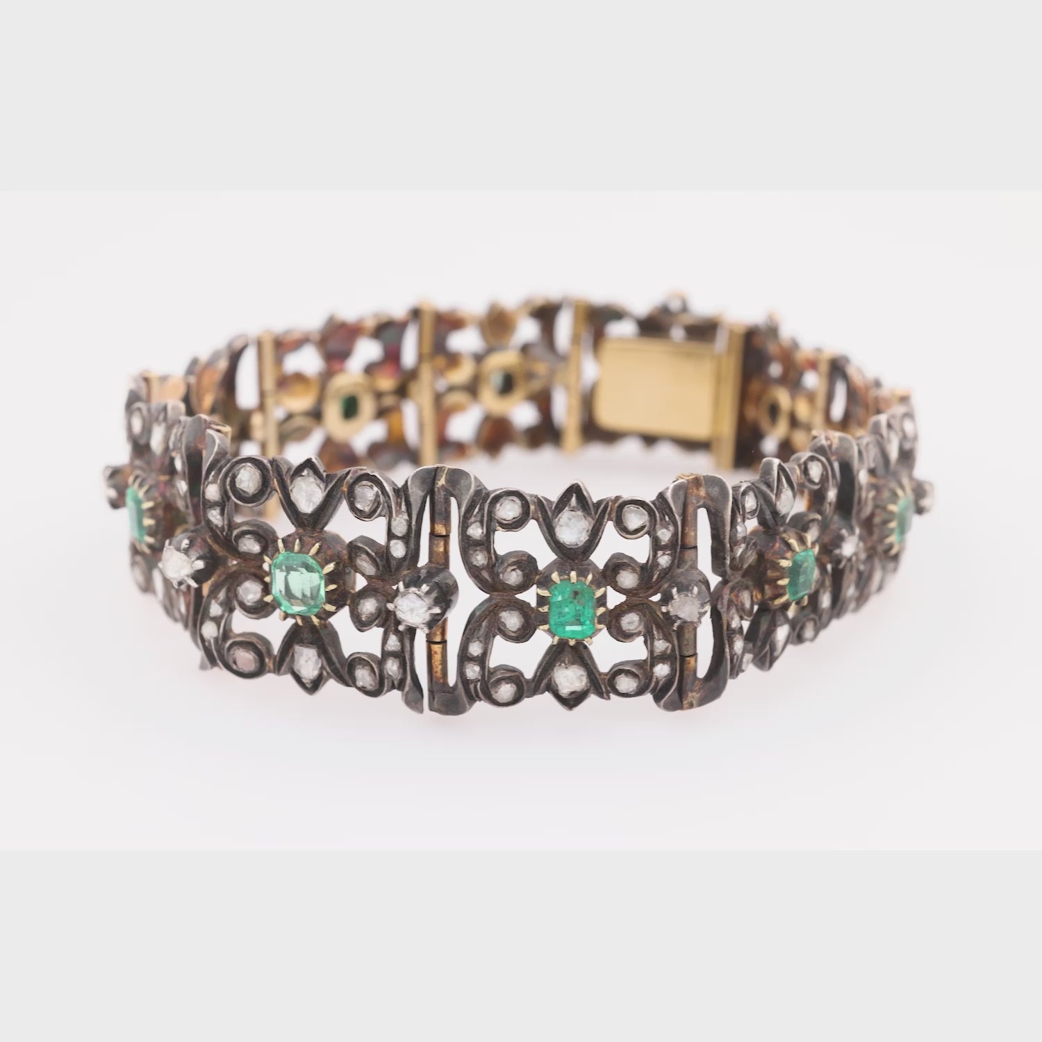 Regency Russian 14k Gold/Sterling Silver Emerald & Diamond Line Bracelet