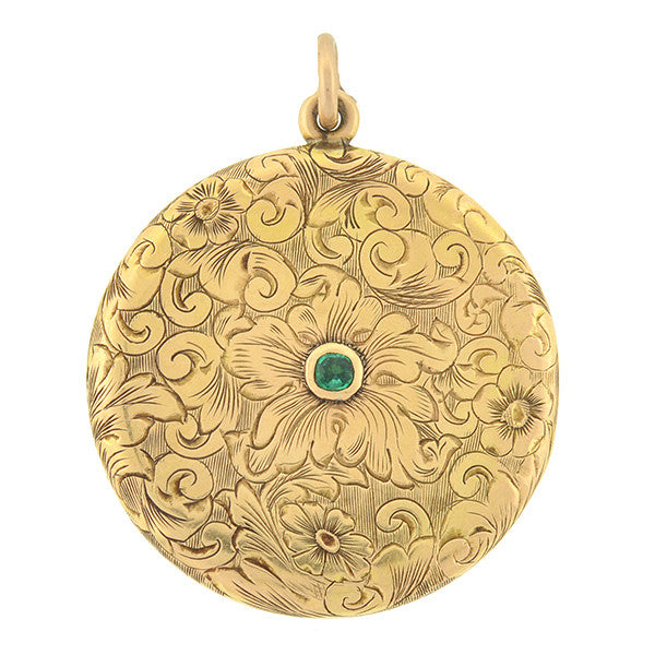 Late Victorian 14kt Etched Gold & Emerald Locket