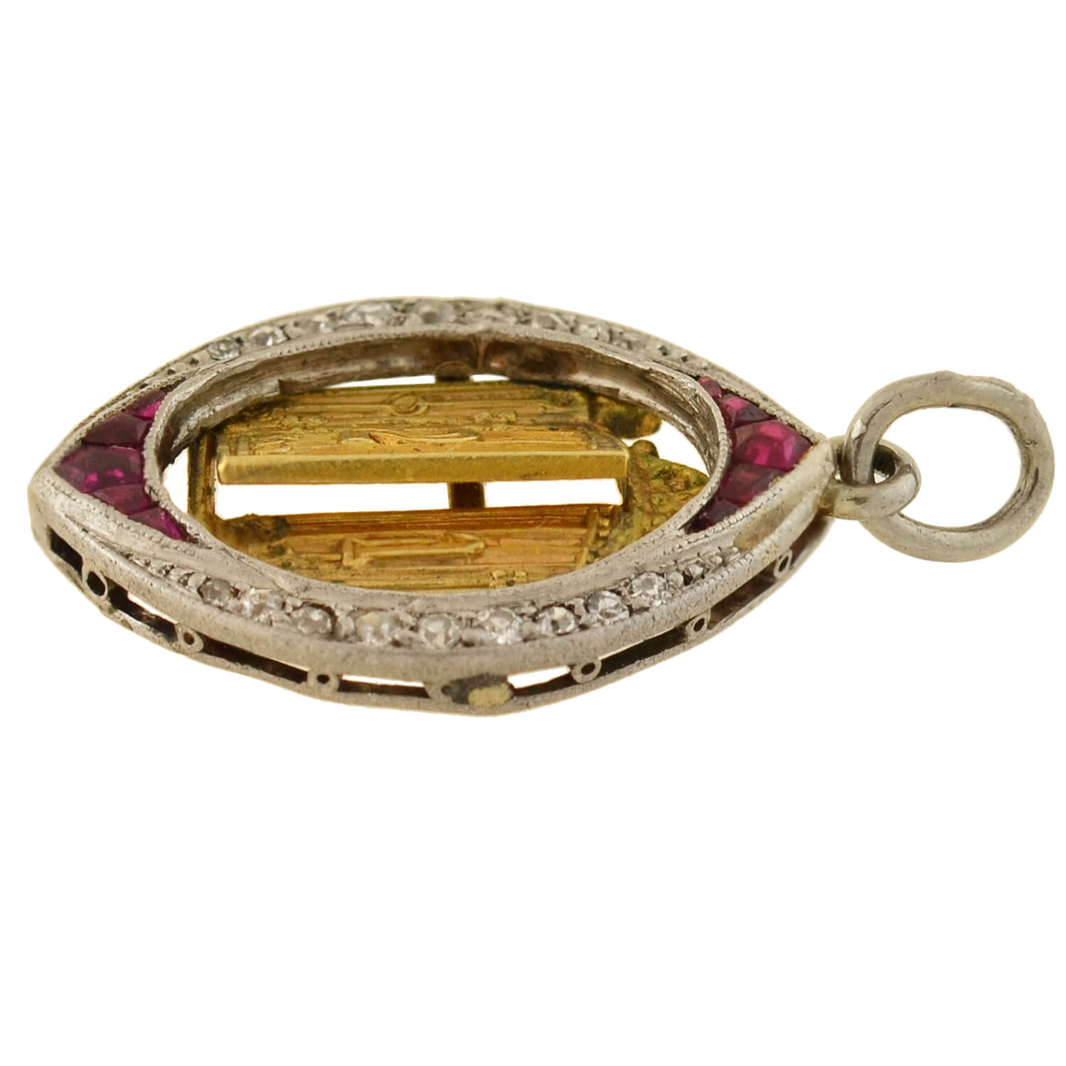Edwardian Platinum/14kt Ruby + Diamond "21" Golden Door Charm Pendant