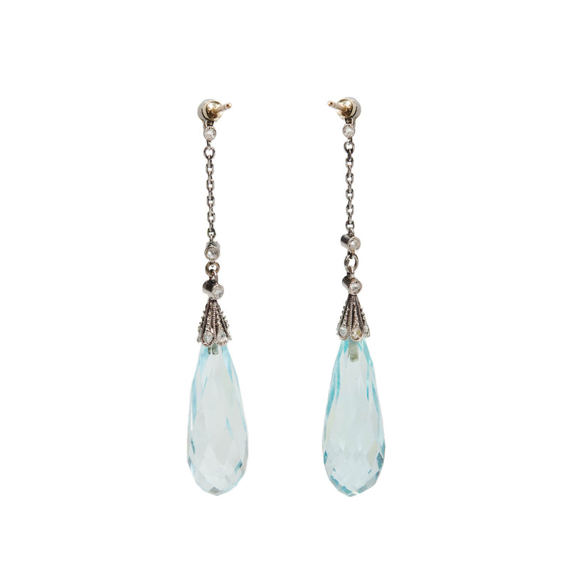 Edwardian Platinum/14kt Aquamarine + Diamond Dangle Earrings