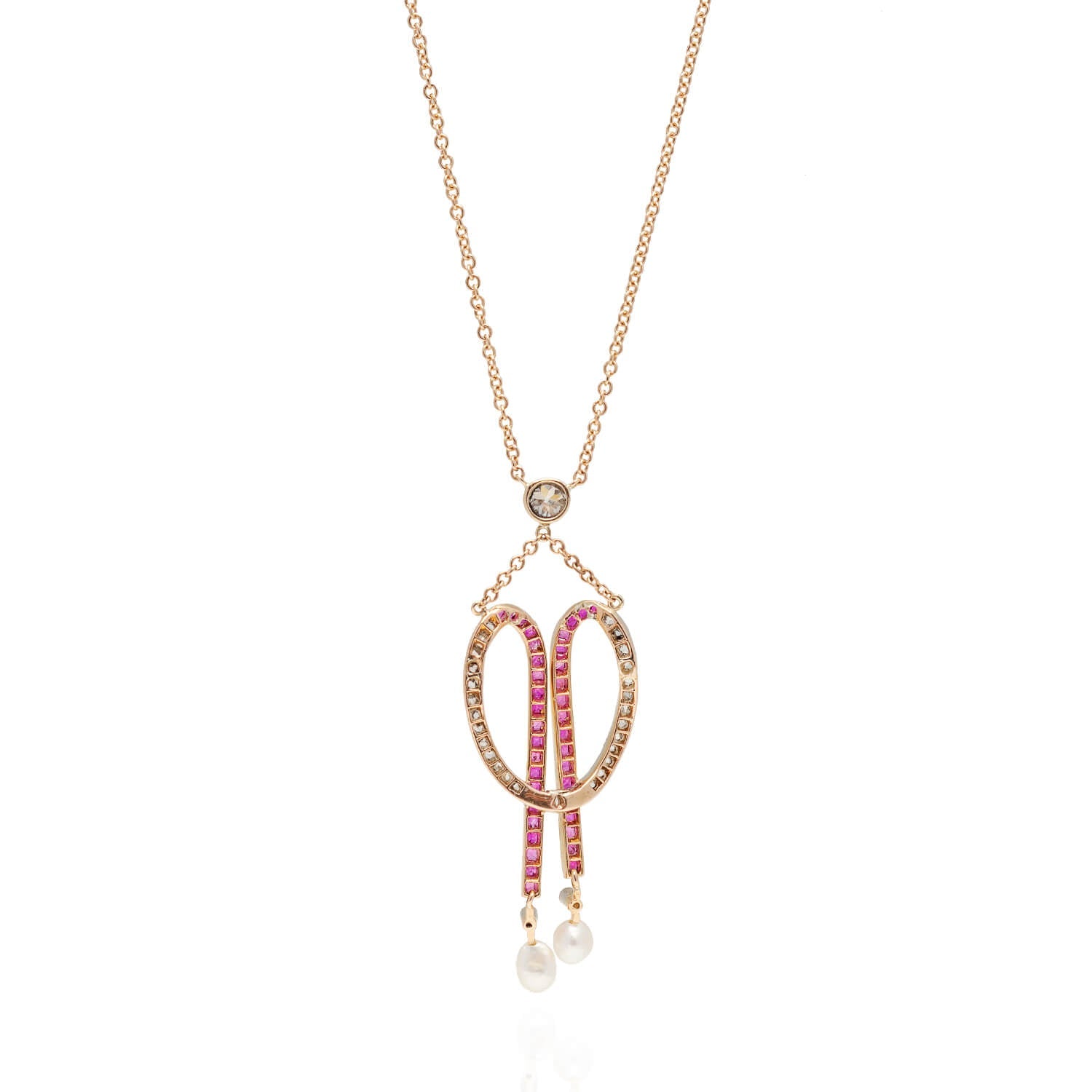 Edwardian 18kt/Platinum Diamond, Calibrated Ruby + Natural Pearl Necklace