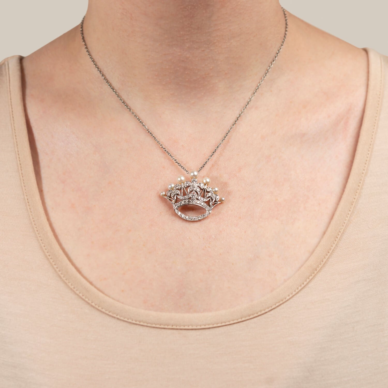 Retro 14kt/Platinum Diamond + Pearl Princess Crown Pendant