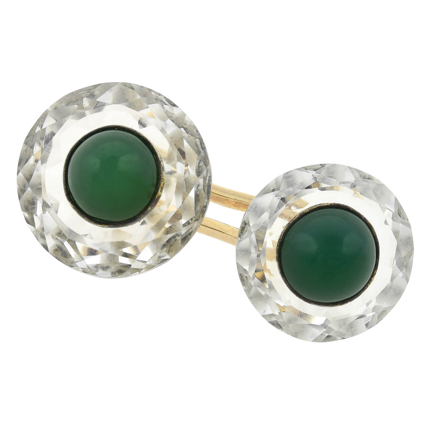 Late Art Deco 18kt/Sterling Faceted Rock Crystal + Chrysoprase Cufflinks