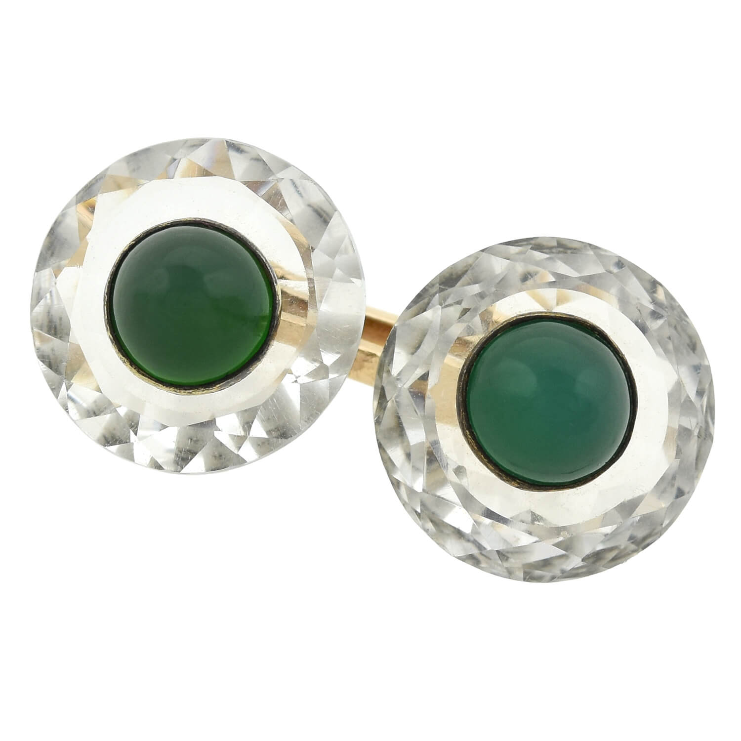 Late Art Deco 18kt/Sterling Faceted Rock Crystal + Chrysoprase Cufflinks