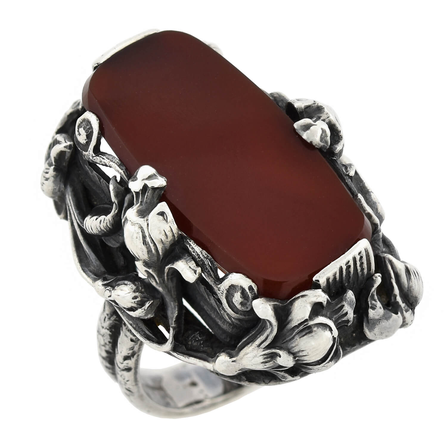 Art Nouveau Large Sterling Carnelian Plaque + Floral Motif Ring