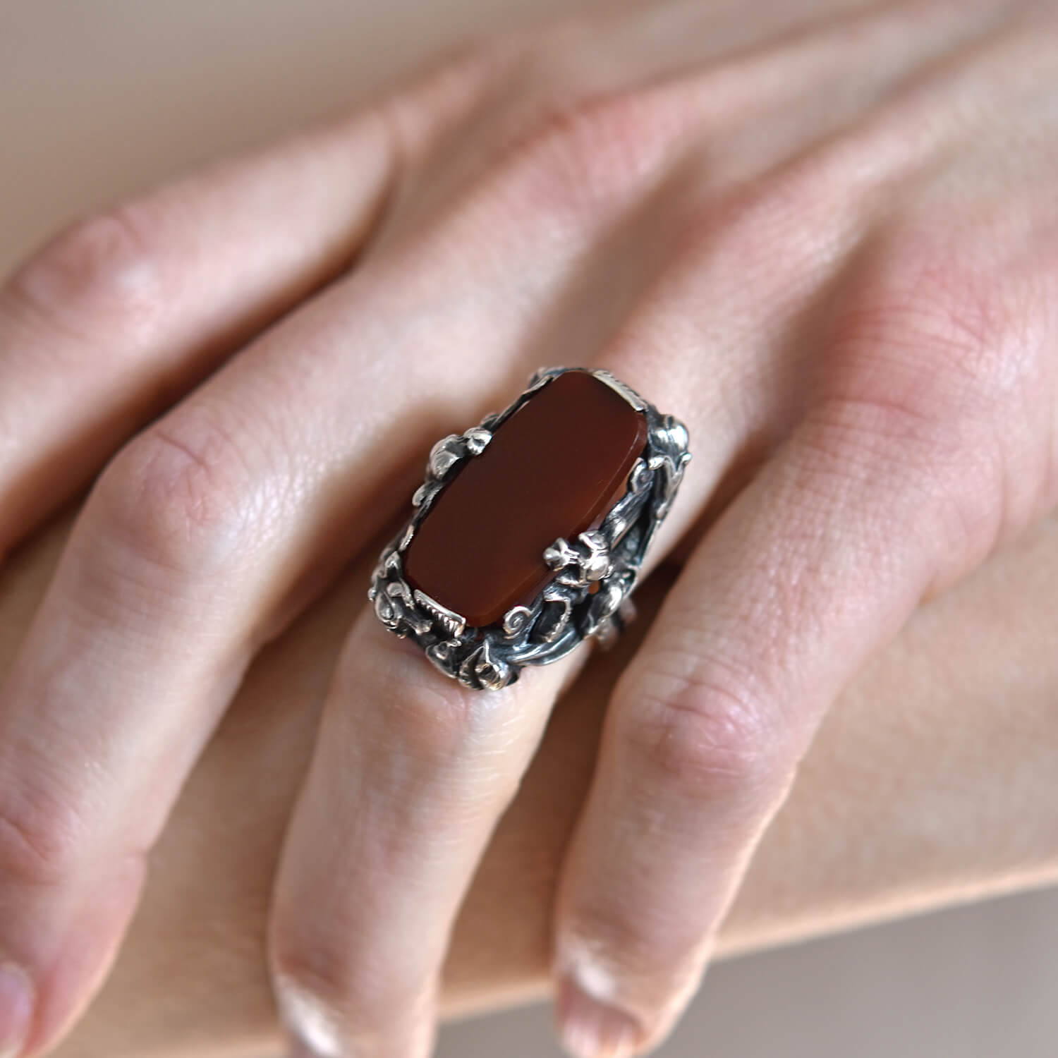 Art Nouveau Large Sterling Carnelian Plaque + Floral Motif Ring