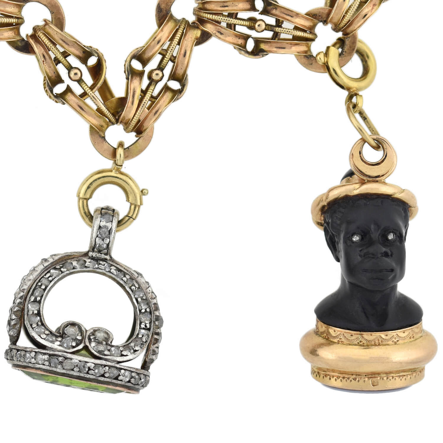 Rare Victorian + Georgian Blackamoor + Multi-Gemstone Fob Compilation Necklace 20.25"