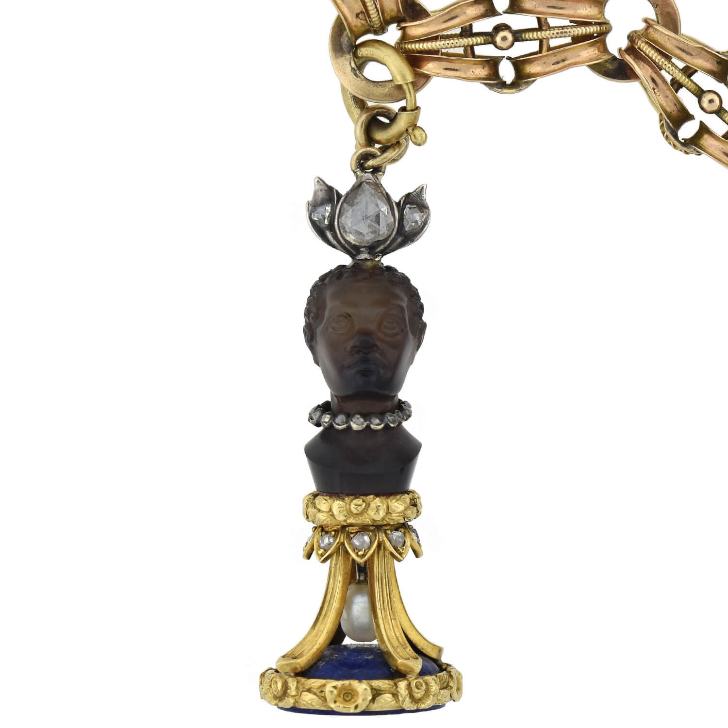 Rare Victorian + Georgian Blackamoor + Multi-Gemstone Fob Compilation Necklace 20.25"