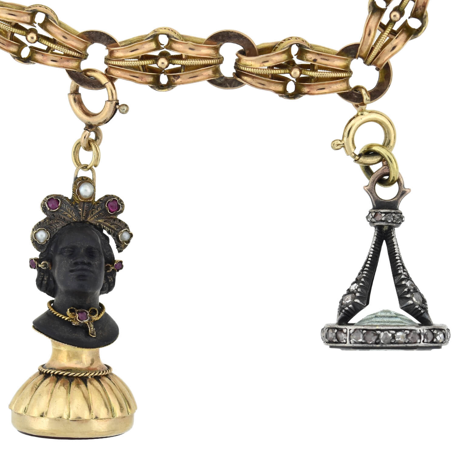 Rare Victorian + Georgian Blackamoor + Multi-Gemstone Fob Compilation Necklace 20.25"