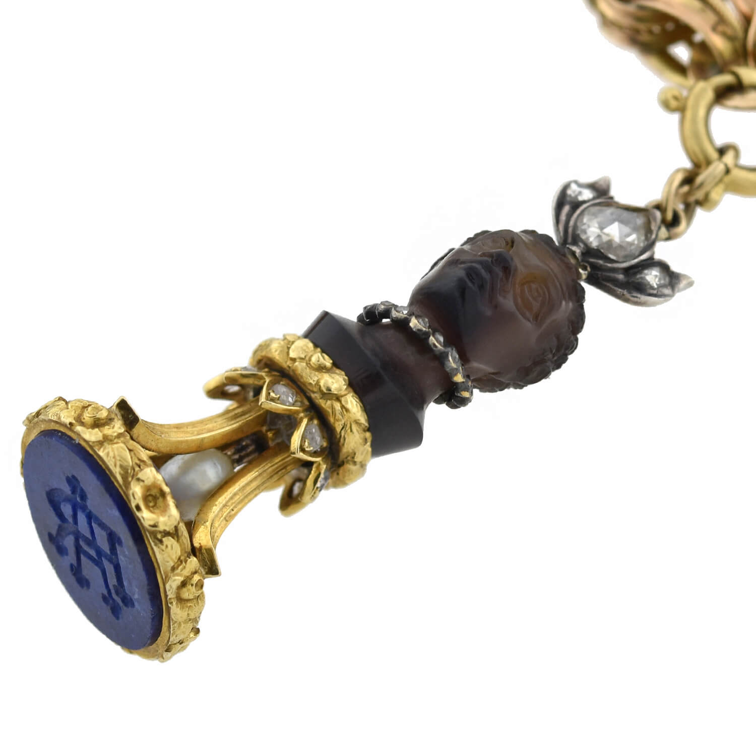 Rare Victorian + Georgian Blackamoor + Multi-Gemstone Fob Compilation Necklace 20.25"