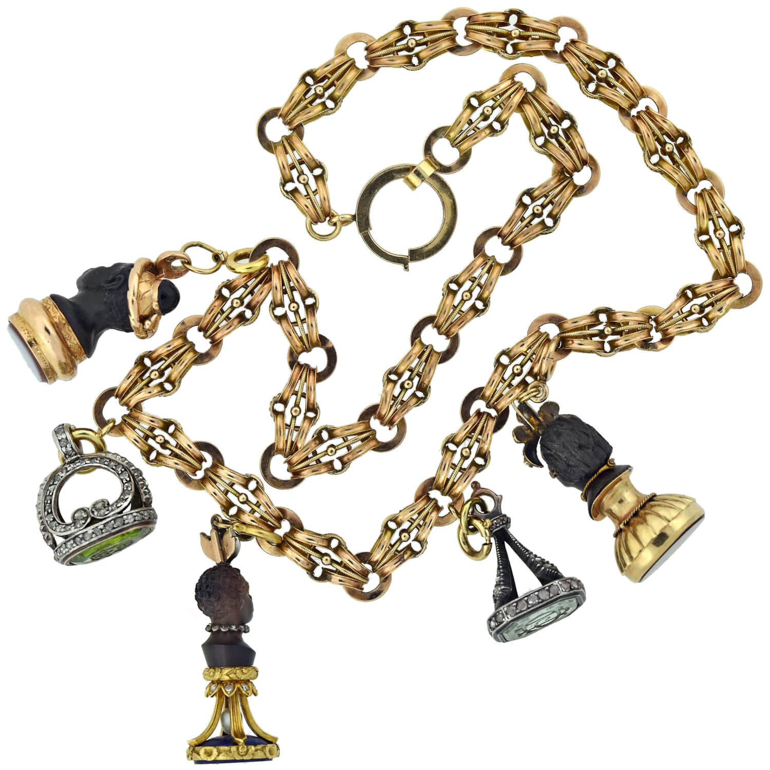 Rare Victorian + Georgian Blackamoor + Multi-Gemstone Fob Compilation Necklace 20.25"