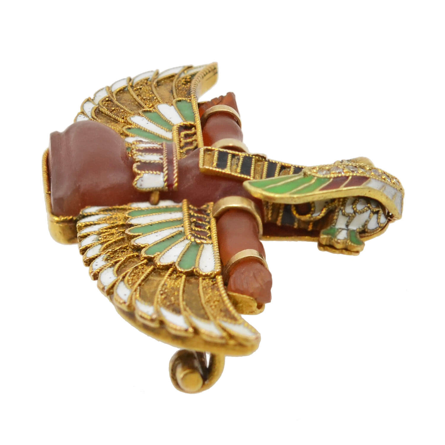 CARL BACHER Victorian Egyptian Revival 14kt Carnelian + Diamond Pharaoh Pin
