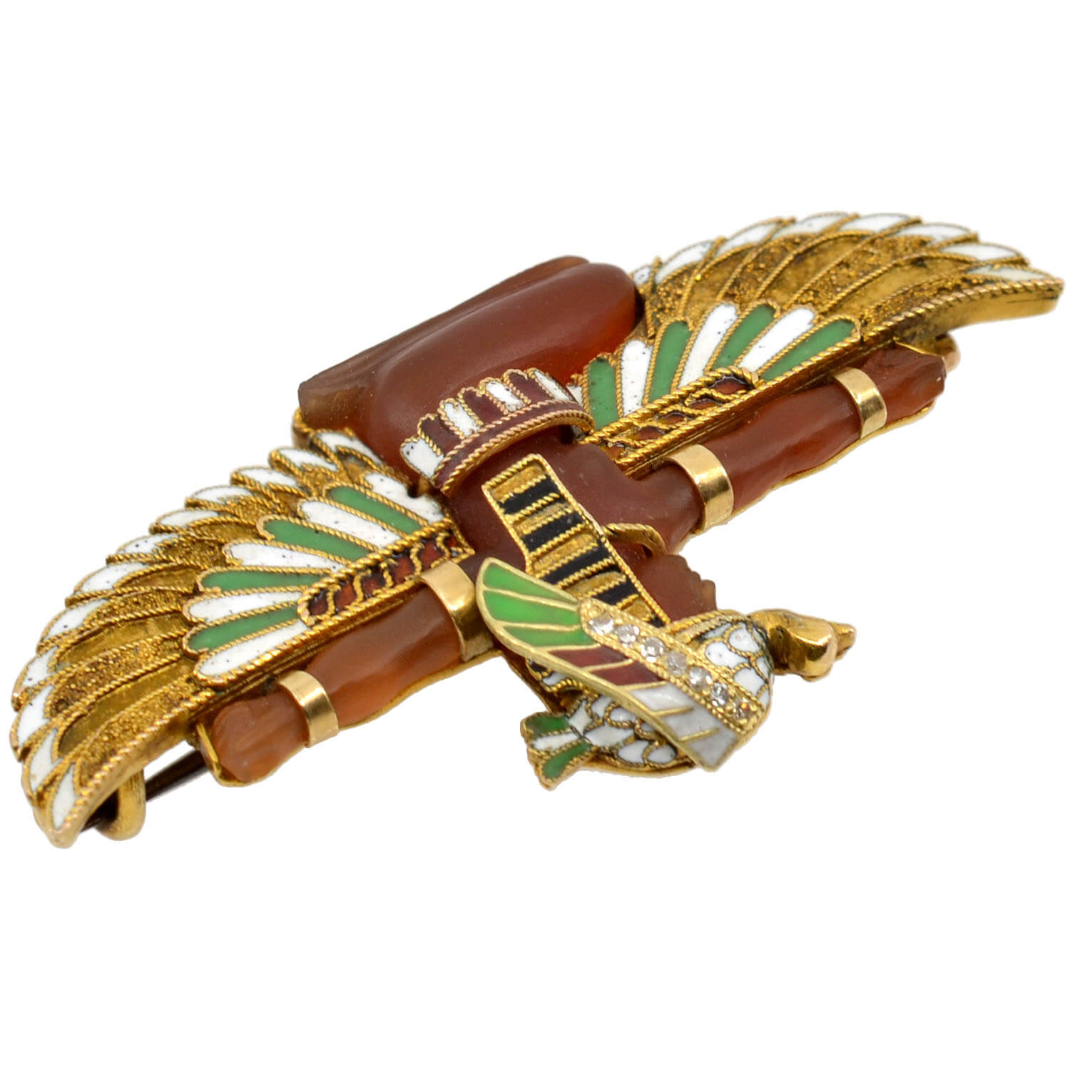 CARL BACHER Victorian Egyptian Revival 14kt Carnelian + Diamond Pharaoh Pin