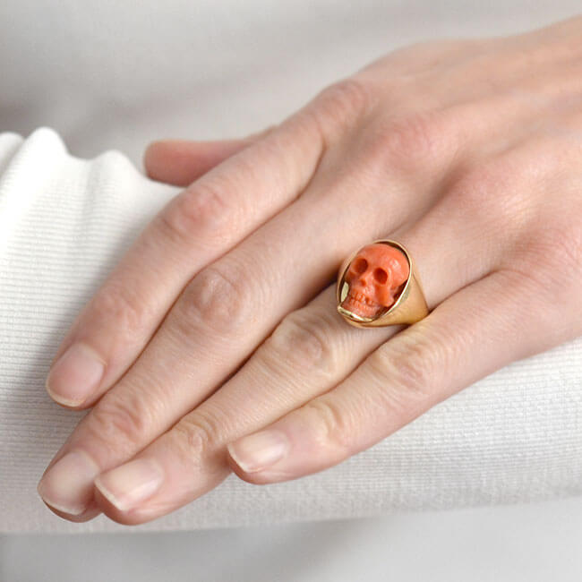 Victorian Style 18kt Hand Carved Natural Coral Skull Ring