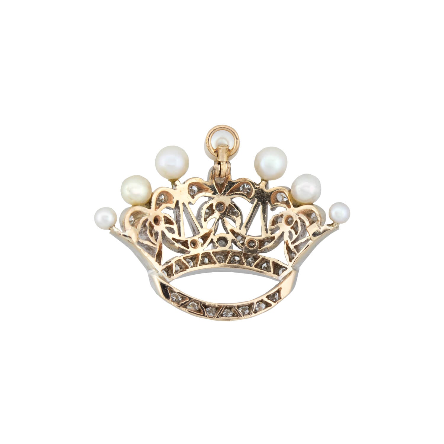 Retro 14kt/Platinum Diamond + Pearl Princess Crown Pendant