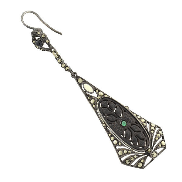 Art Deco Sterling, Wood, Emerald & Marcasite Earrings