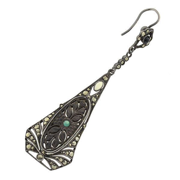 Art Deco Sterling, Wood, Emerald & Marcasite Earrings