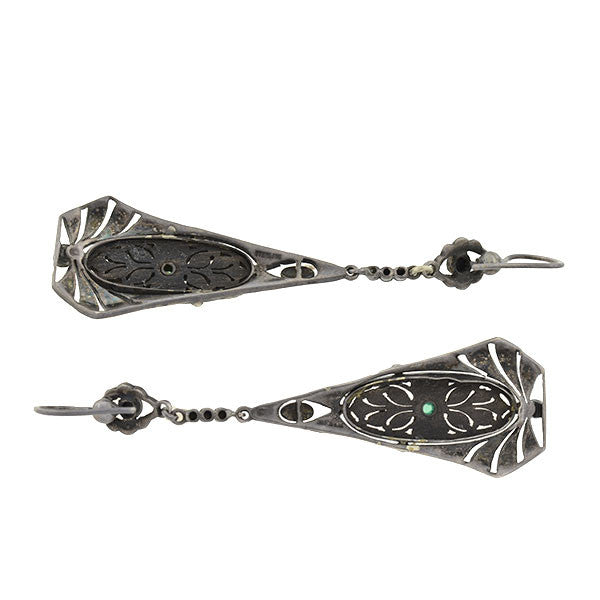 Art Deco Sterling, Wood, Emerald & Marcasite Earrings