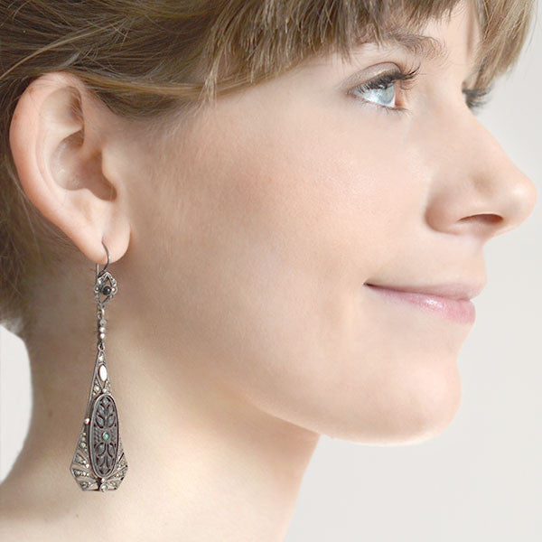 Art Deco Sterling, Wood, Emerald & Marcasite Earrings