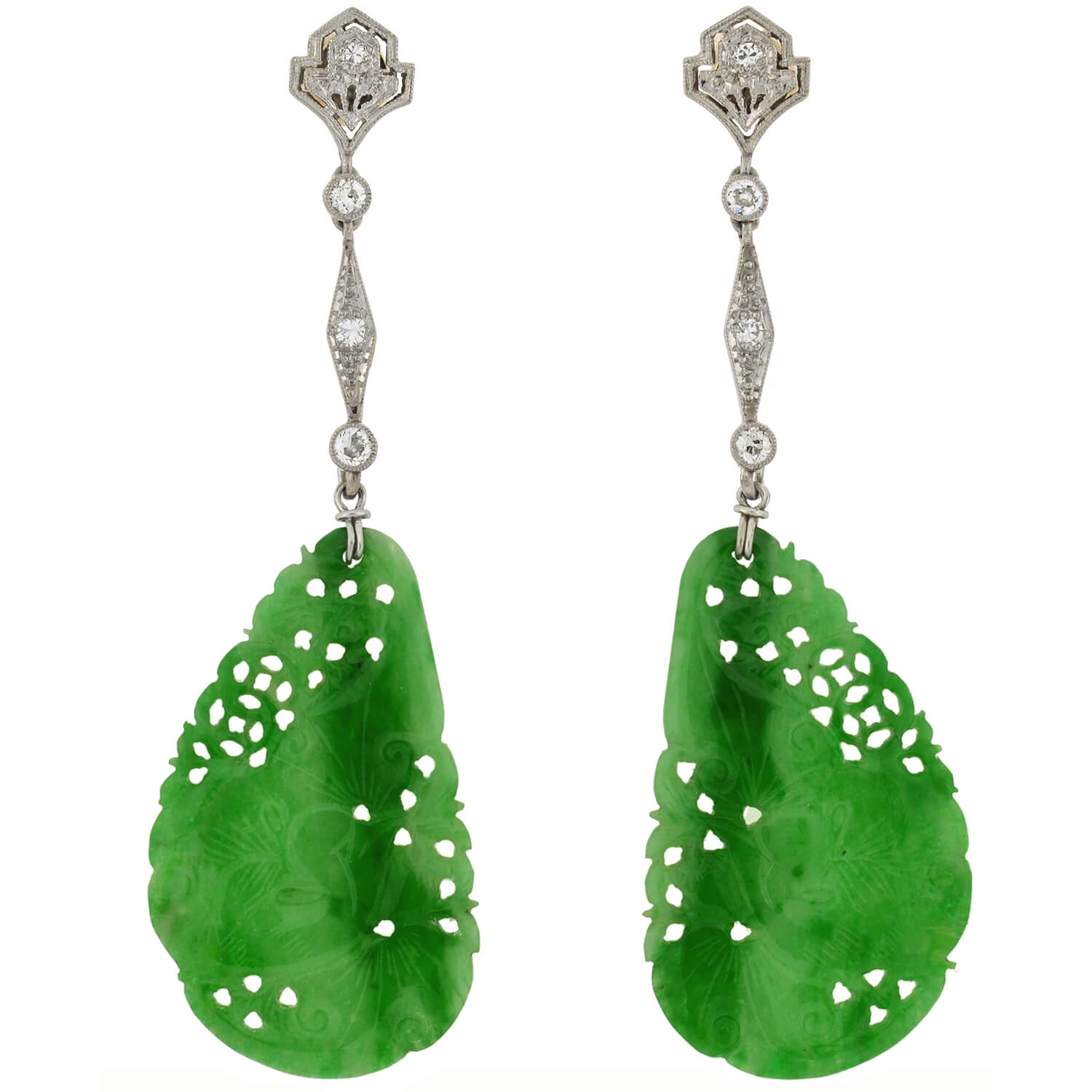 Art Deco Platinum Diamond, Jadeite, Onyx + Rock Crystal Convertible Earrings