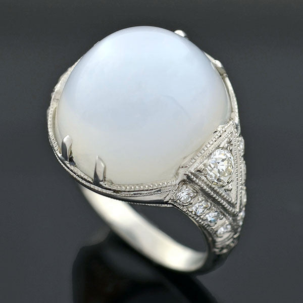Art Deco Platinum Moonstone & Diamond Ring