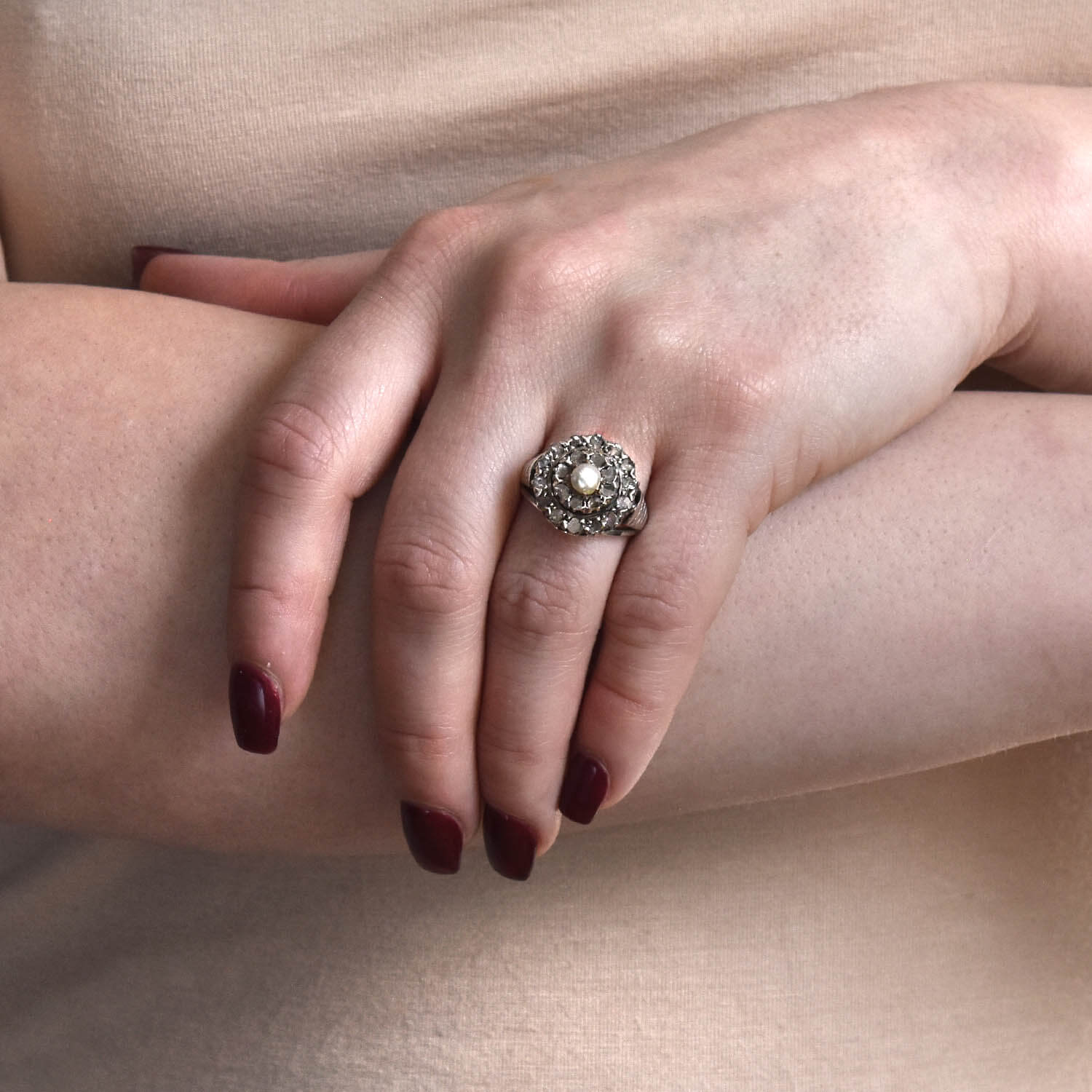 Georgian Sterling Rose Cut Diamond + Pearl Double Halo Cluster Ring