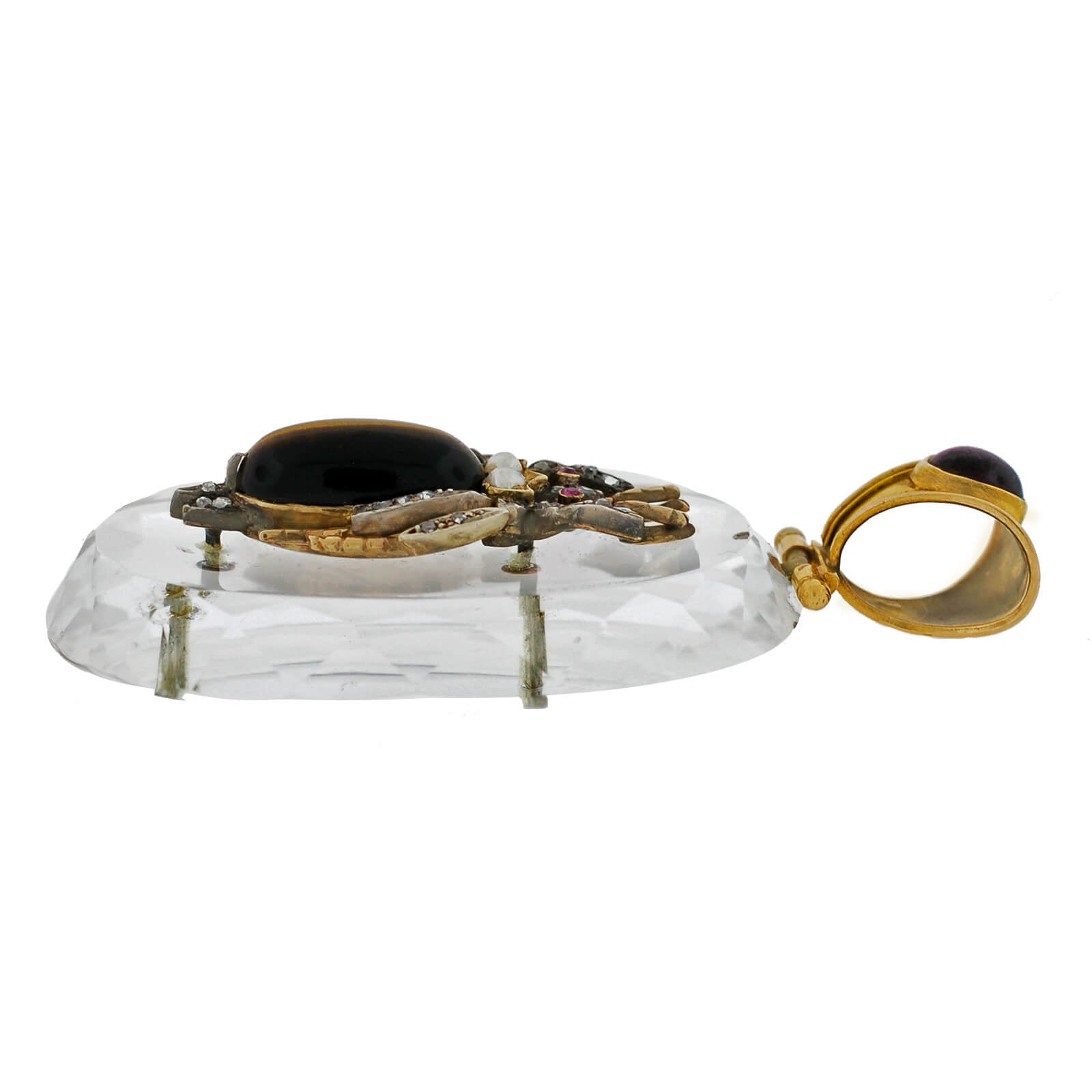 Victorian Large 18kt Rock Crystal, Diamond, Garnet + Tiger Eye Bug Pendant