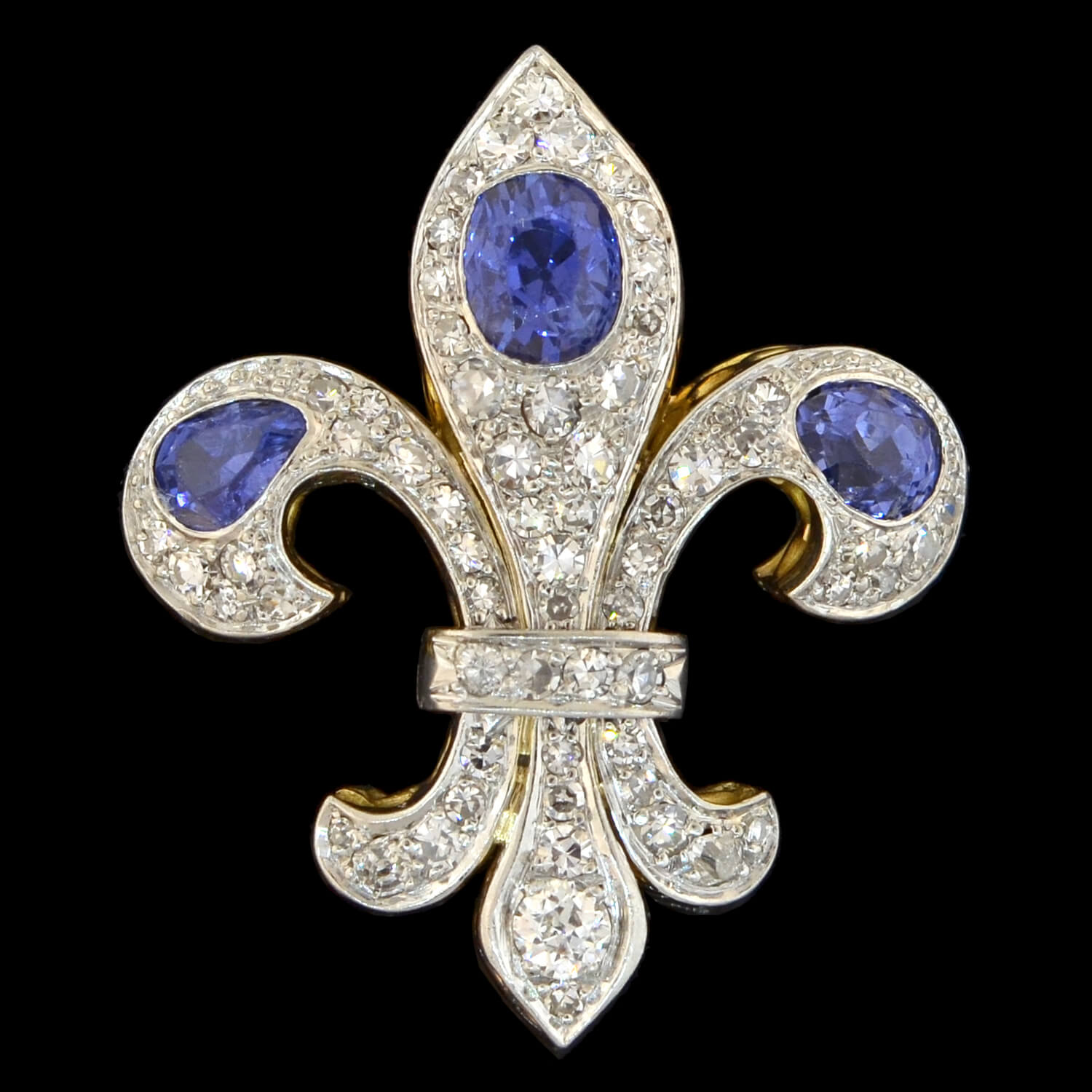 Edwardian 18kt/Platinum Natural Ceylon Sapphire + Diamond Fleur-de-Lys Pendant