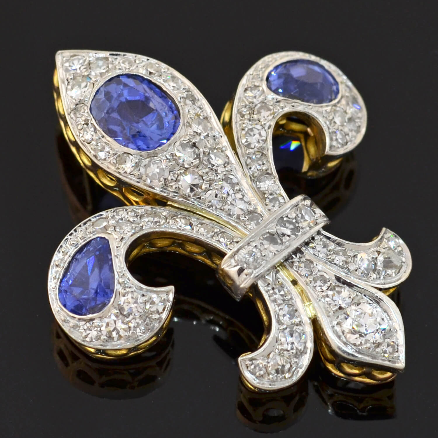 Edwardian 18kt/Platinum Natural Ceylon Sapphire + Diamond Fleur-de-Lys Pendant