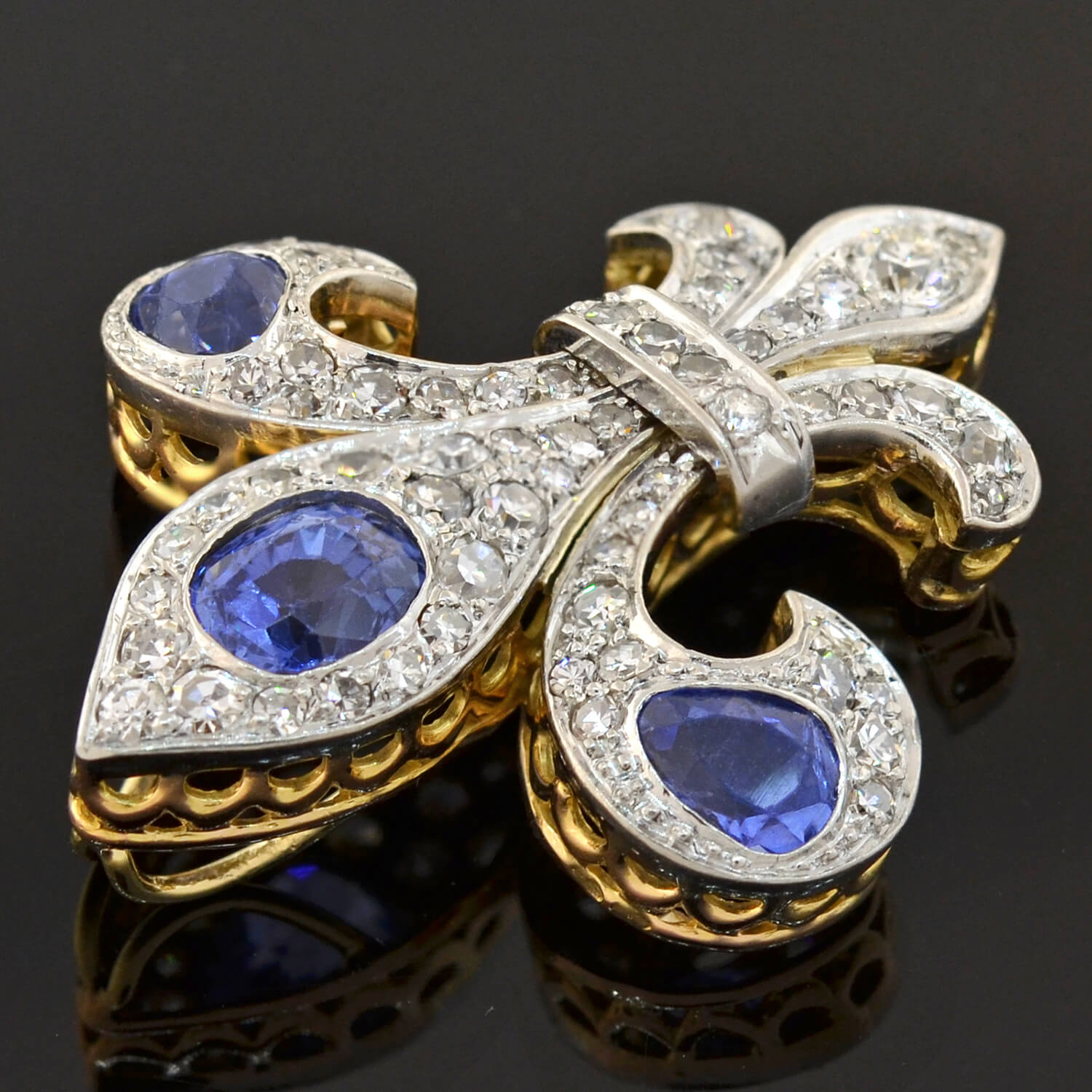 Edwardian 18kt/Platinum Natural Ceylon Sapphire + Diamond Fleur-de-Lys Pendant