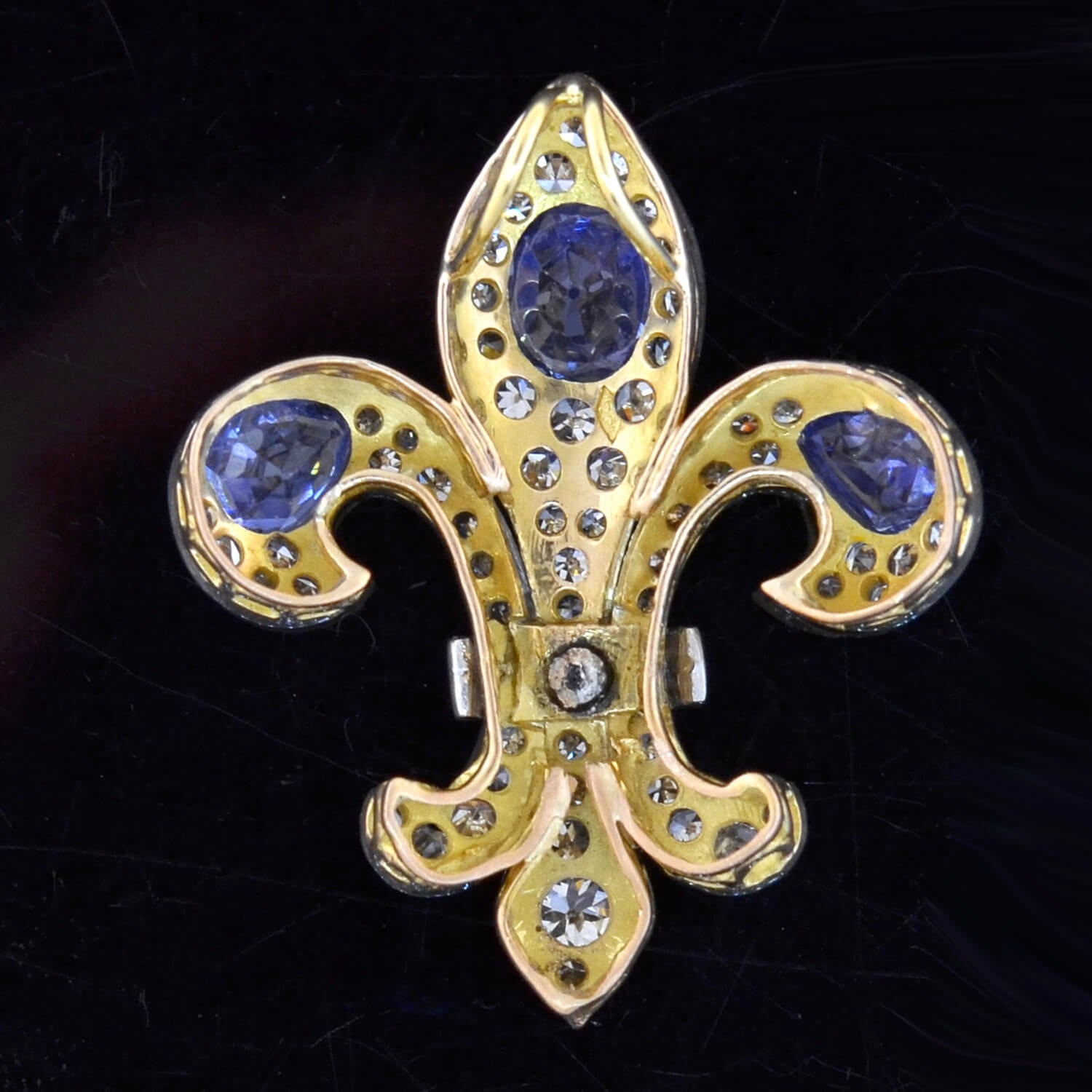 Edwardian 18kt/Platinum Natural Ceylon Sapphire + Diamond Fleur-de-Lys Pendant