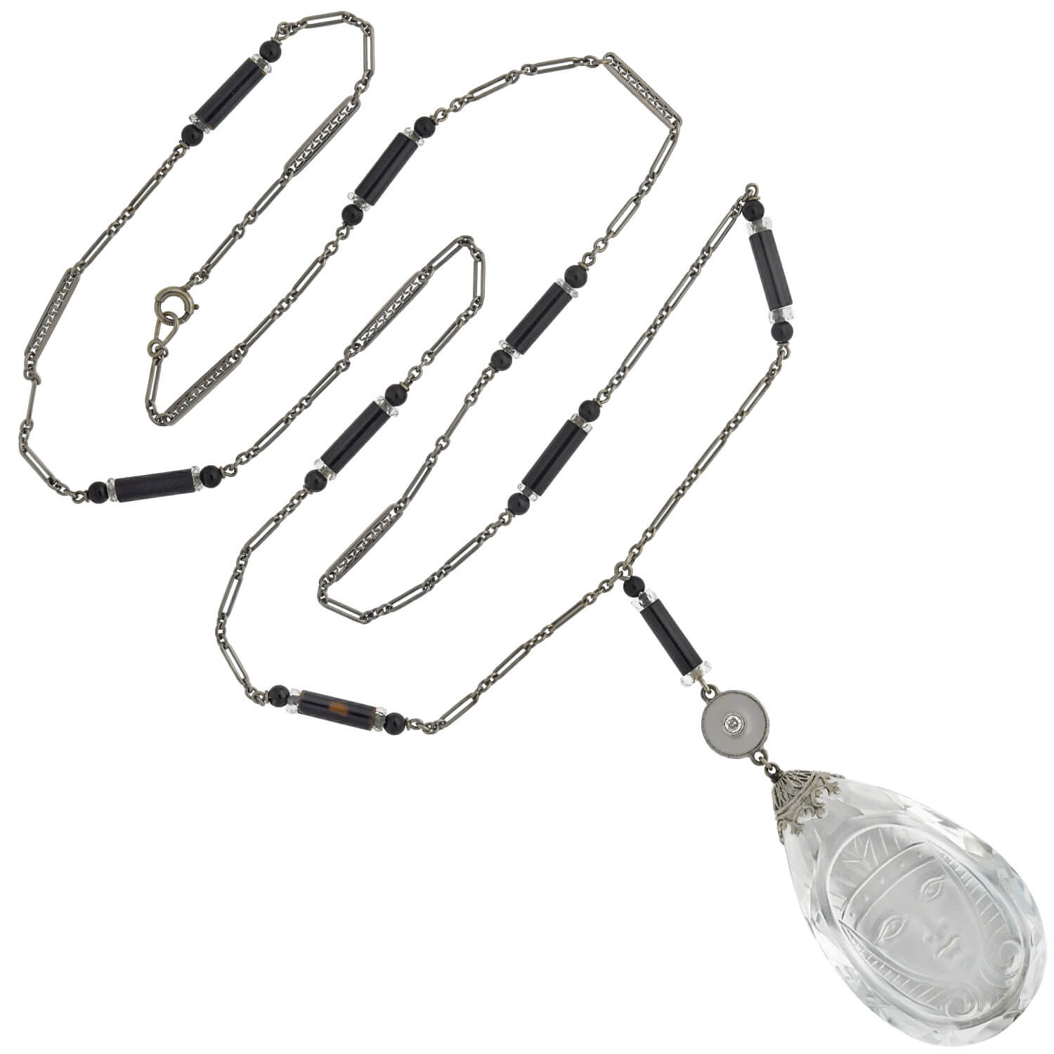 Art Deco Egyptian Revival Rock Crystal, Onyx + Diamond Necklace and Earring Set