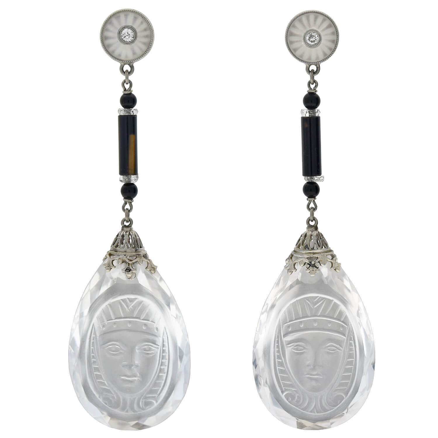 Art Deco Egyptian Revival Rock Crystal, Onyx + Diamond Necklace and Earring Set