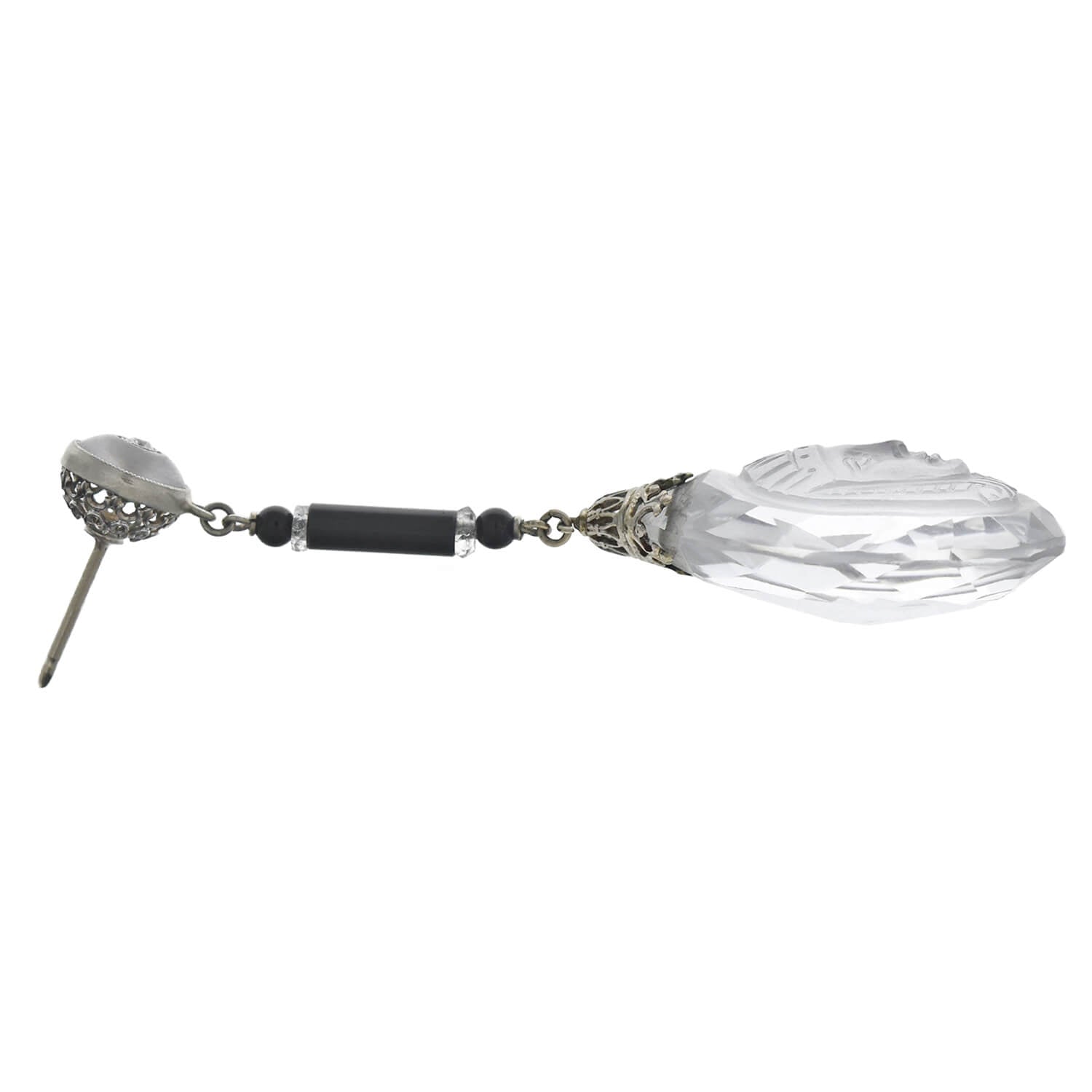 Art Deco Egyptian Revival Rock Crystal, Onyx + Diamond Necklace and Earring Set