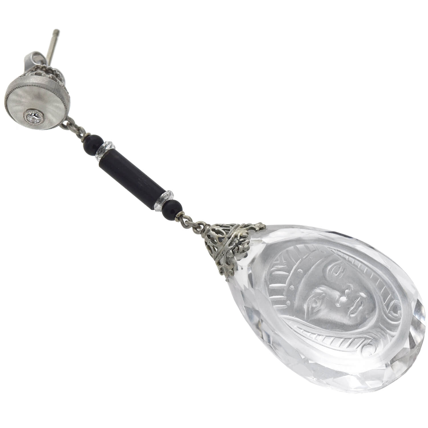 Art Deco Egyptian Revival Rock Crystal, Onyx + Diamond Necklace and Earring Set