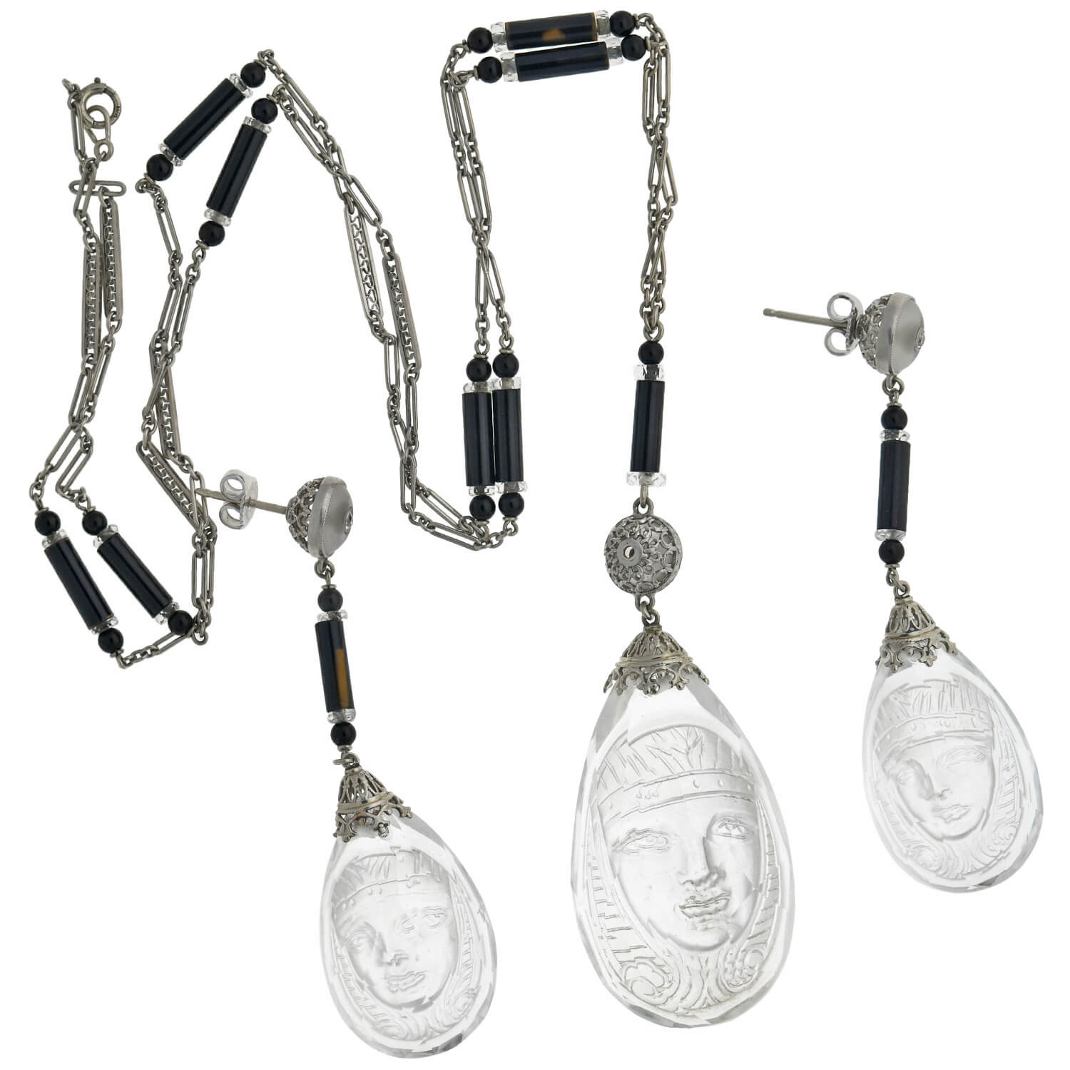 Art Deco Egyptian Revival Rock Crystal, Onyx + Diamond Necklace and Earring Set
