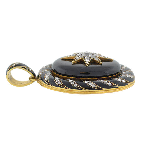 Victorian 15kt Enamel & Rose Cut Diamond Starburst Locket