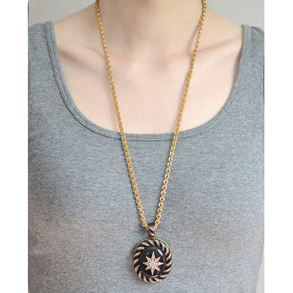 Victorian 15kt Enamel & Rose Cut Diamond Starburst Locket