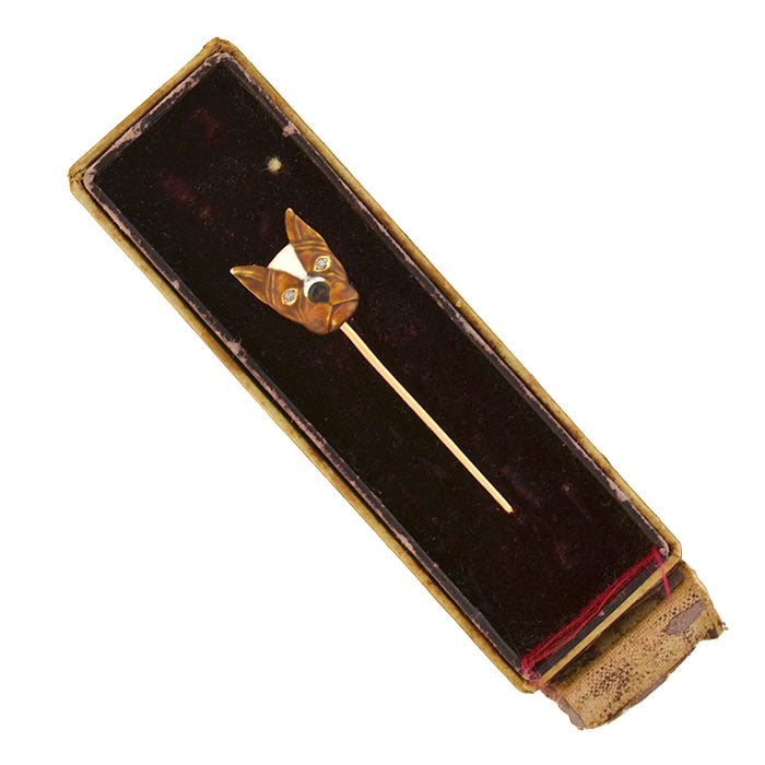 Late Art Deco 14kt Diamond + Enamel French Bulldog Stick Pin