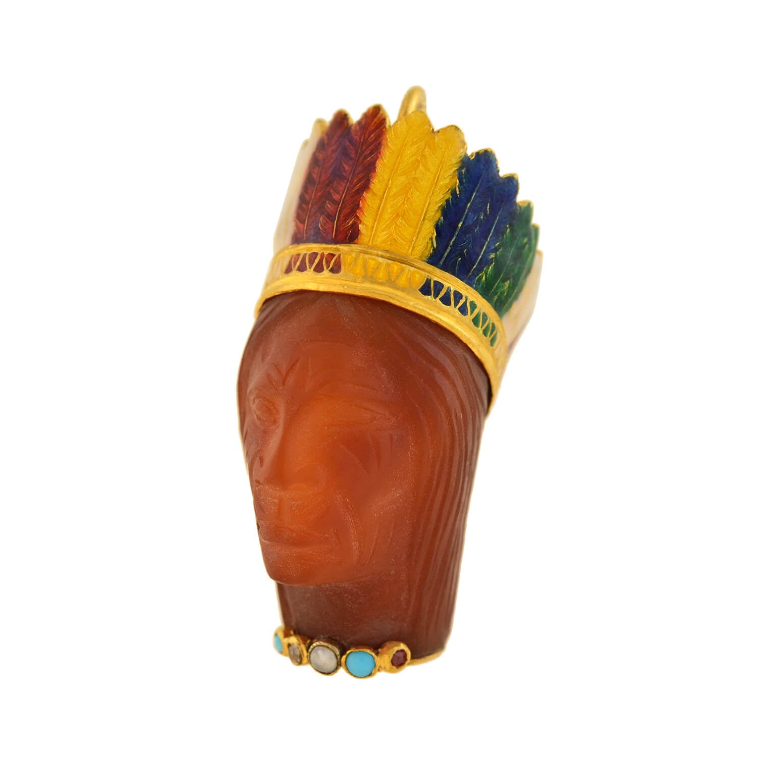 Edwardian French 18kt Carnelian, Enamel + Gemstone Native American Chief Pendant