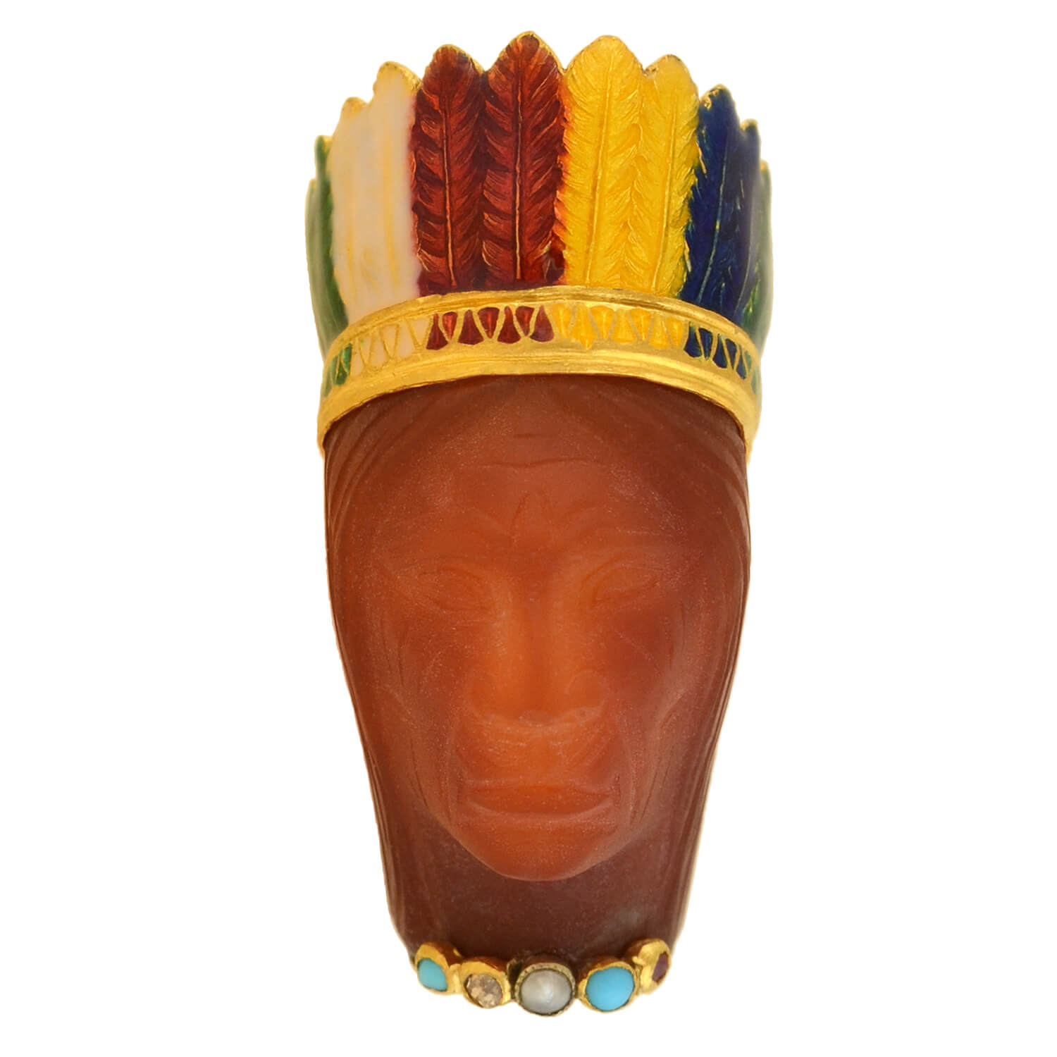 Edwardian French 18kt Carnelian, Enamel + Gemstone Native American Chief Pendant