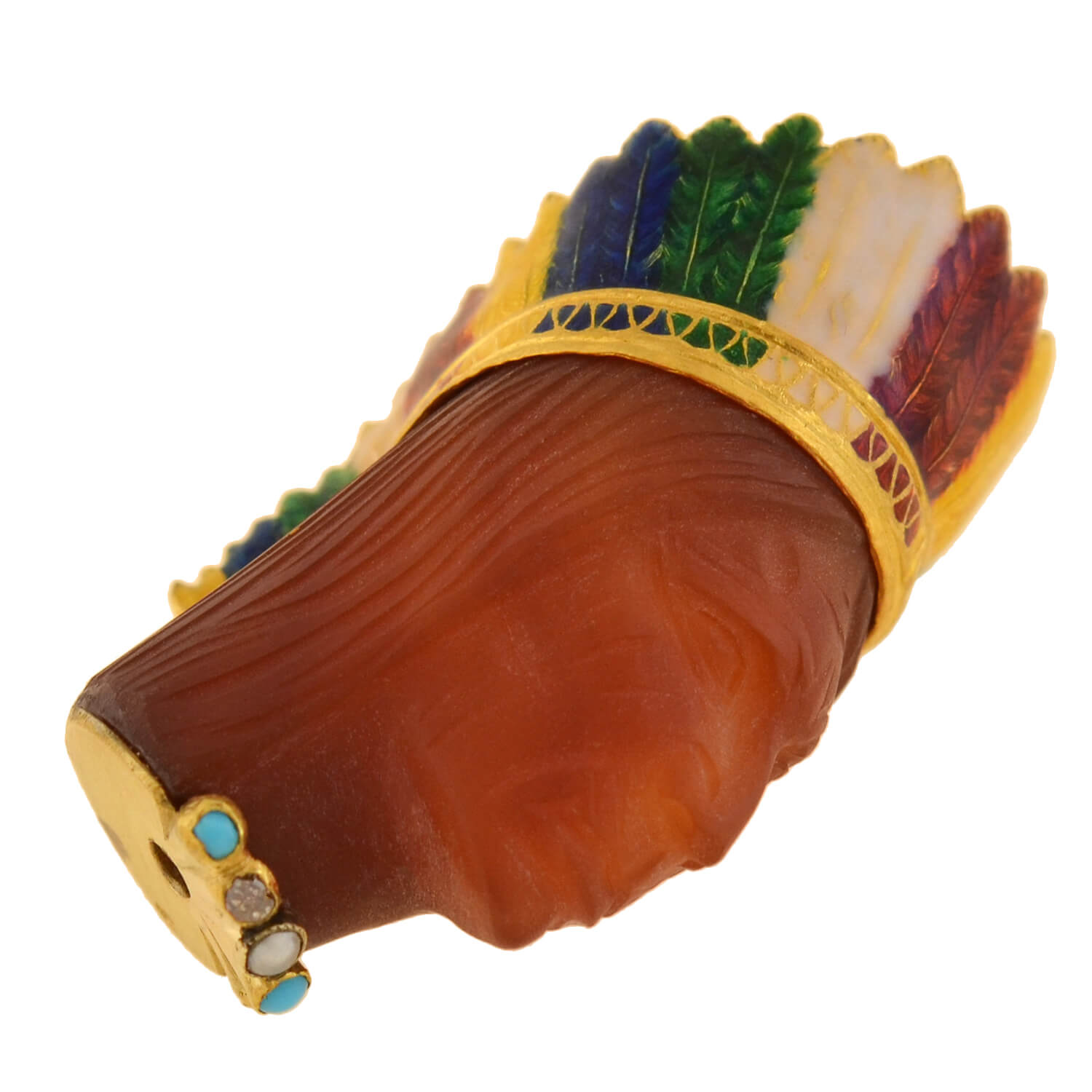 Edwardian French 18kt Carnelian, Enamel + Gemstone Native American Chief Pendant