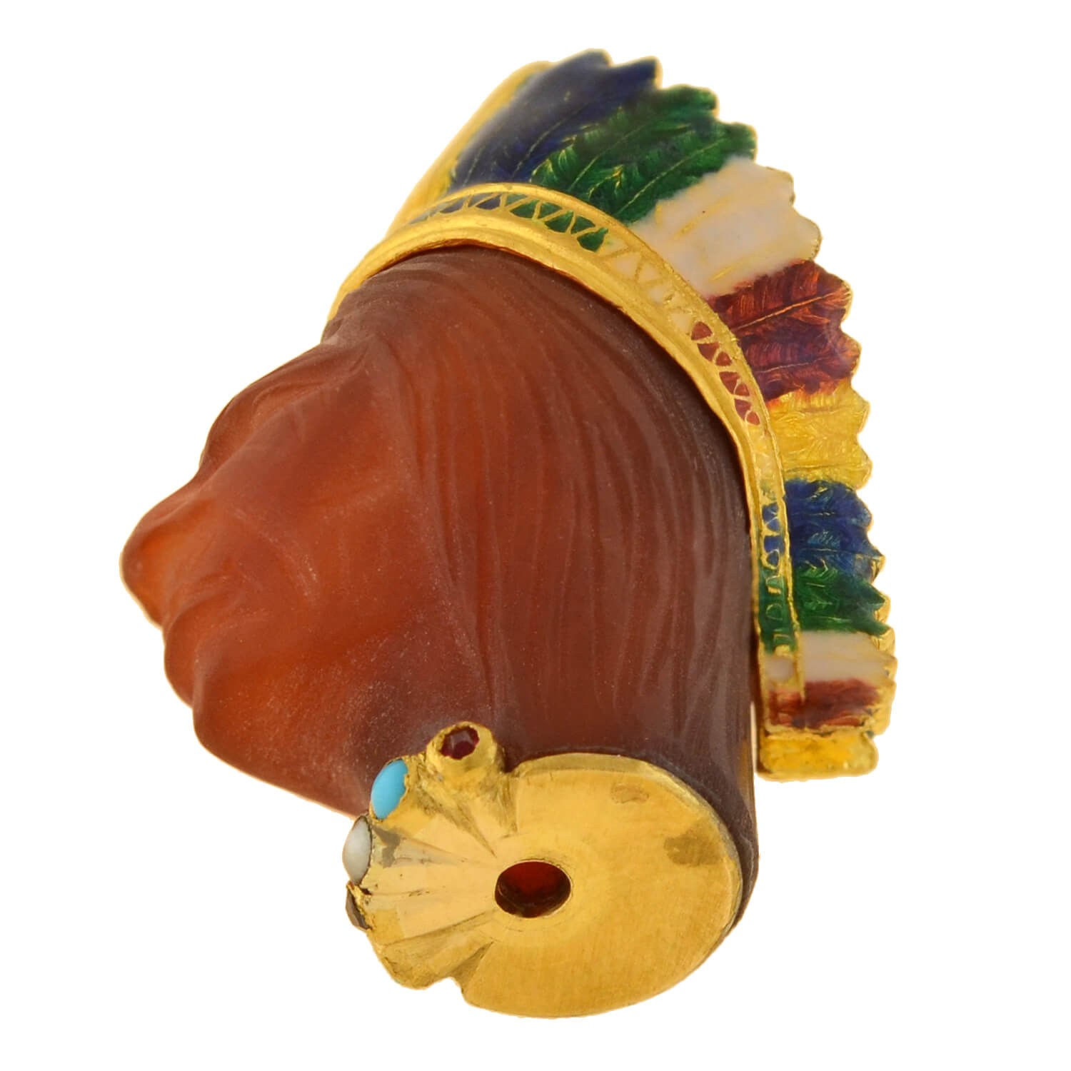 Edwardian French 18kt Carnelian, Enamel + Gemstone Native American Chief Pendant
