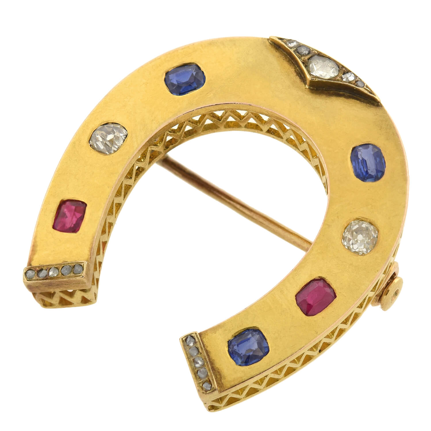 Victorian Large French 18kt Ruby, Diamond + Sapphire Horseshoe Pin