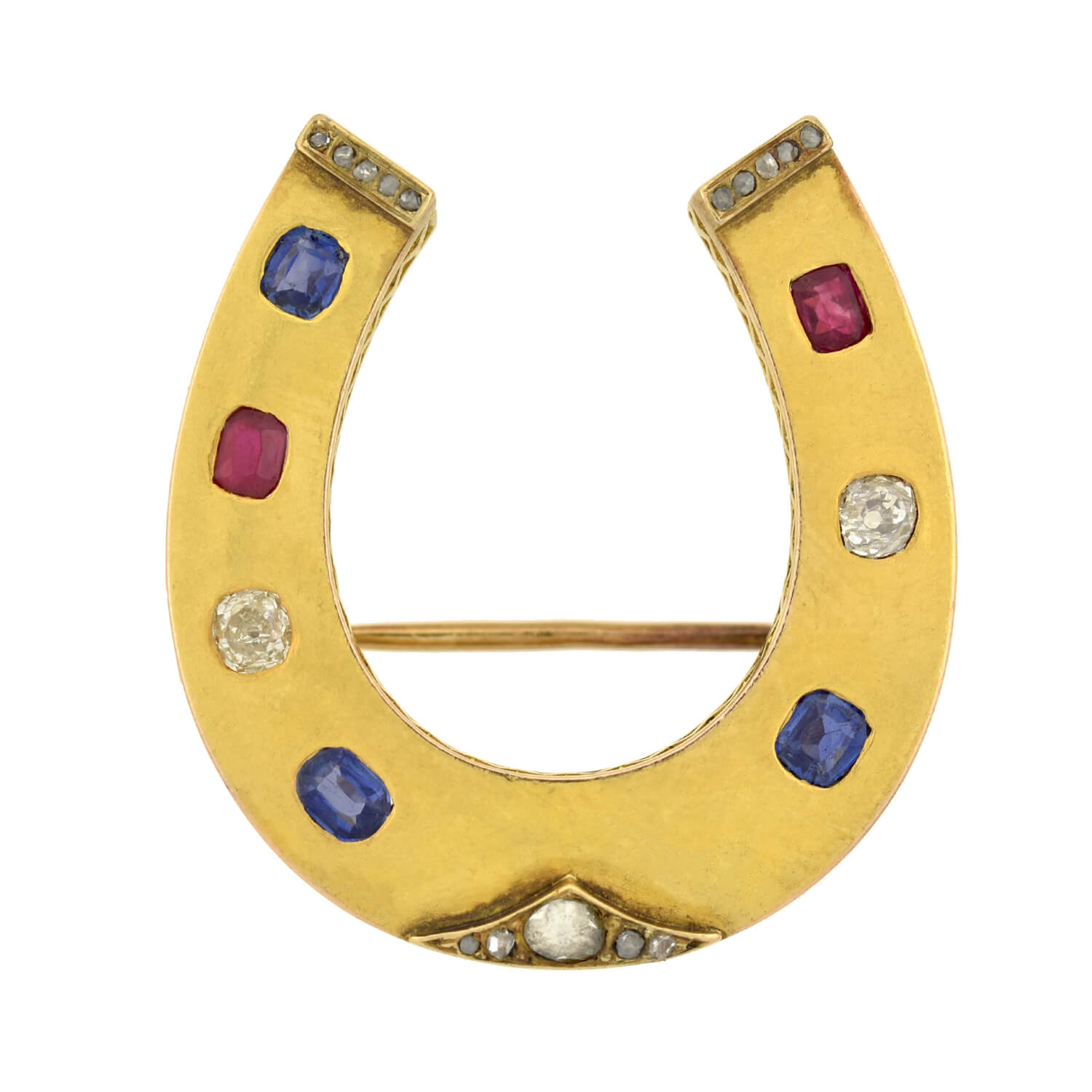 Victorian Large French 18kt Ruby, Diamond + Sapphire Horseshoe Pin