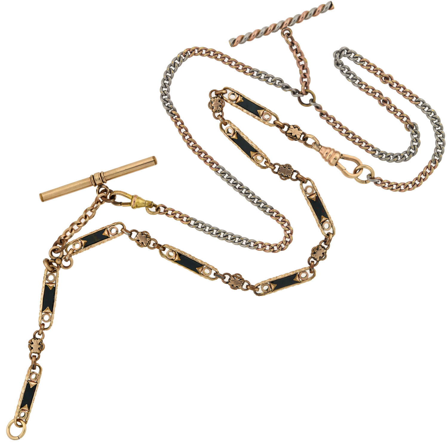 Victorian Gold-Filled Inlaid Bloodstone + Tri-Tone Watch Chain Compilation Necklace 28"