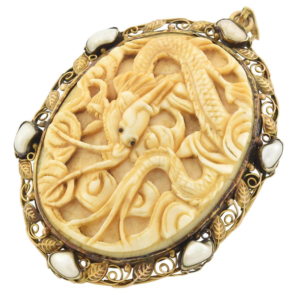 Arts & Crafts Large 14kt Carved Ivory + Freshwater Pearl Mythical Creature Pin/Pendant