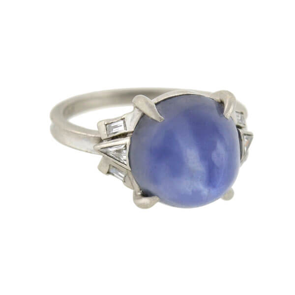 Art Deco Platinum 4.50ct Star Sapphire Cabochon + Diamond Ring