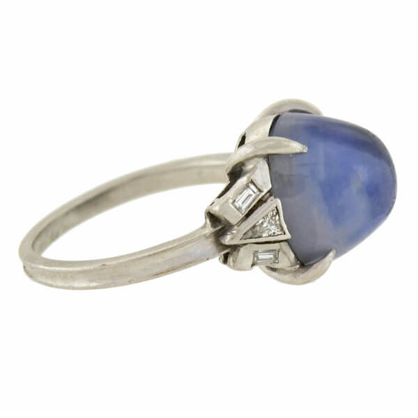 Art Deco Platinum 4.50ct Star Sapphire Cabochon + Diamond Ring